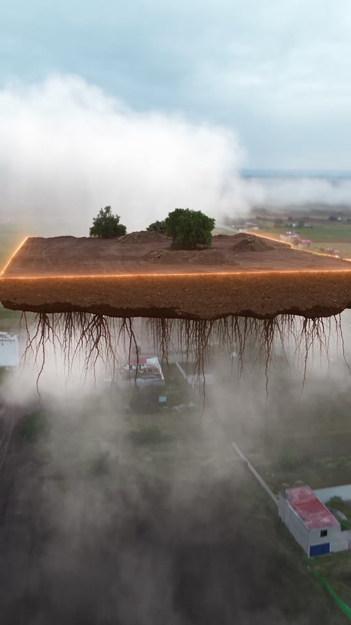 El mismo terreno flotando sobre las nubes, generado con IA